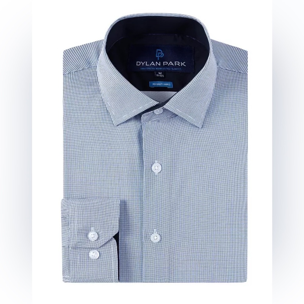 Dylan Park Men's Four Way Stretch Blue Plaid Button Down Dress Shirt. Size L